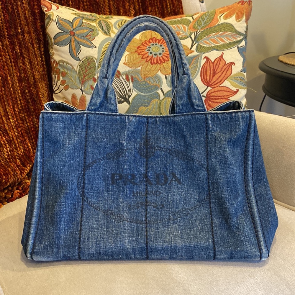🌼 Authentic Prada Blue Denim Canapa Tote Bag 2 Way w Strap
